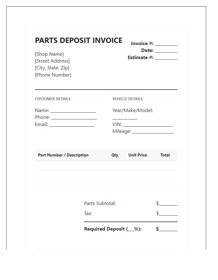 Professional Mechanic Parts Deposit Invoice Template