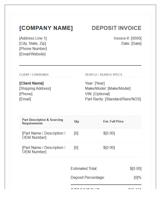 Rare Auto Parts Sourcing Deposit Invoice Template