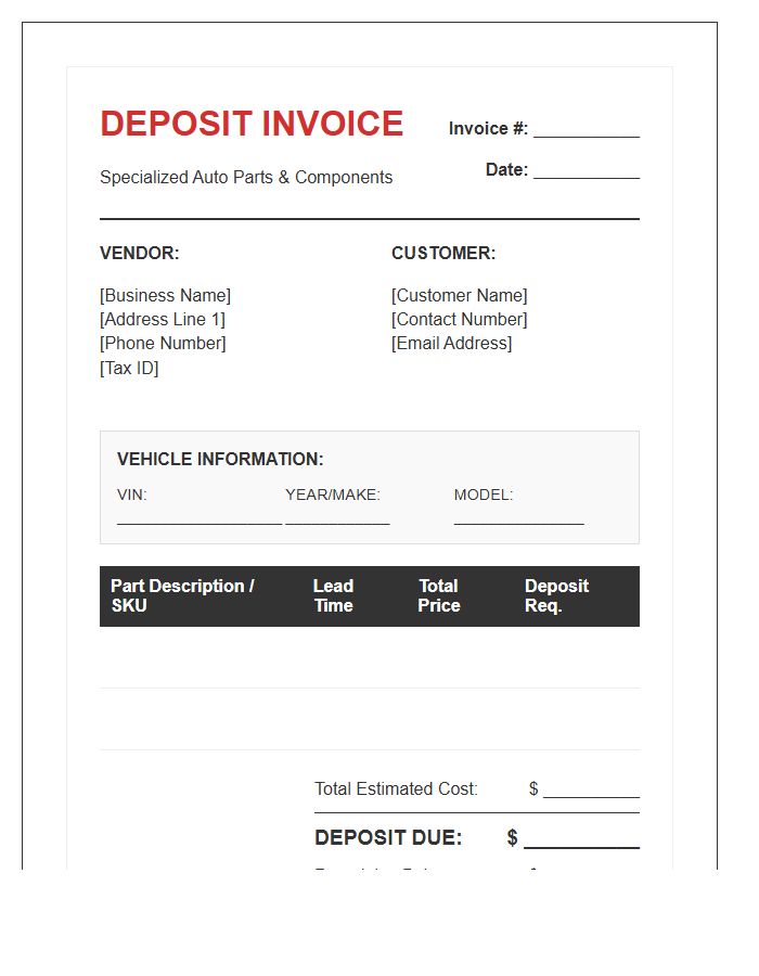 Specialized Auto Part Deposit Billing Invoice Template