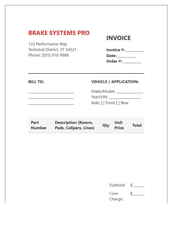 Specialized Brake System Parts Invoice Template