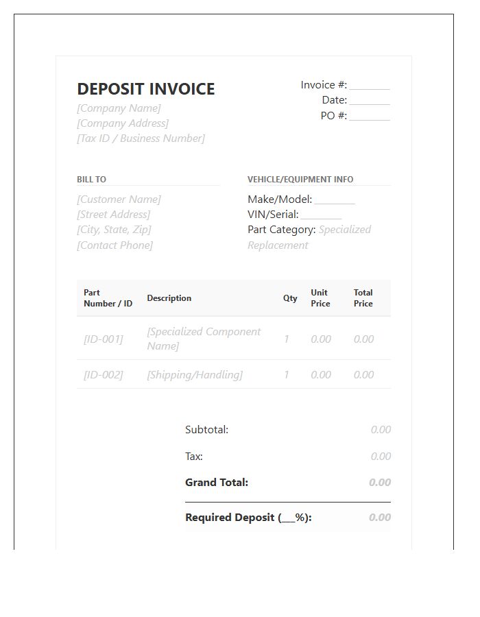 Specialized Replacement Parts Deposit Invoice Template