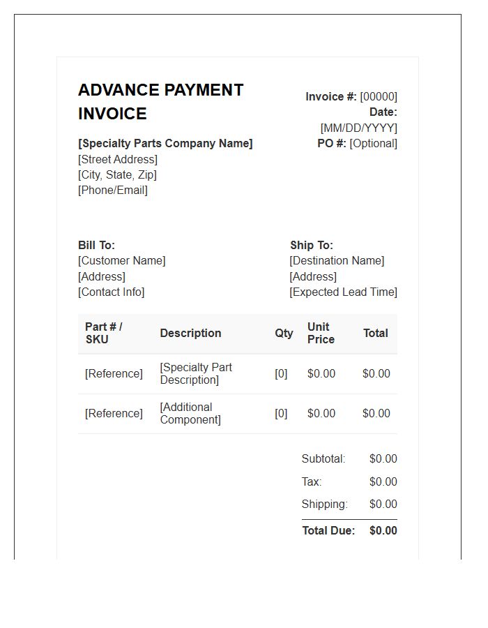 Specialty Parts Advance Payment Invoice Template