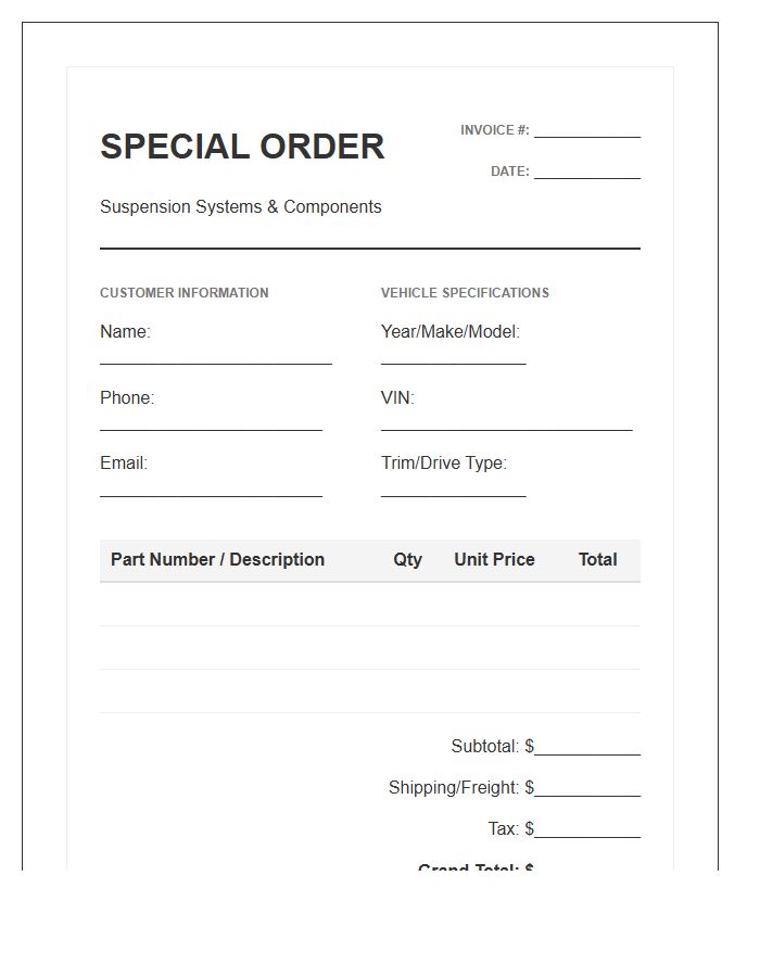 Suspension Part Special Order Invoice Template