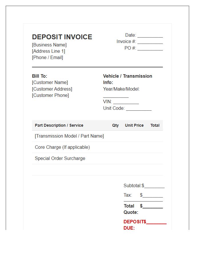 Transmission Parts Deposit Invoice Template