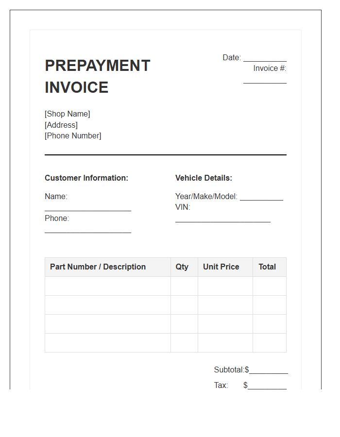 Vehicle Repair Parts Prepayment Invoice Template