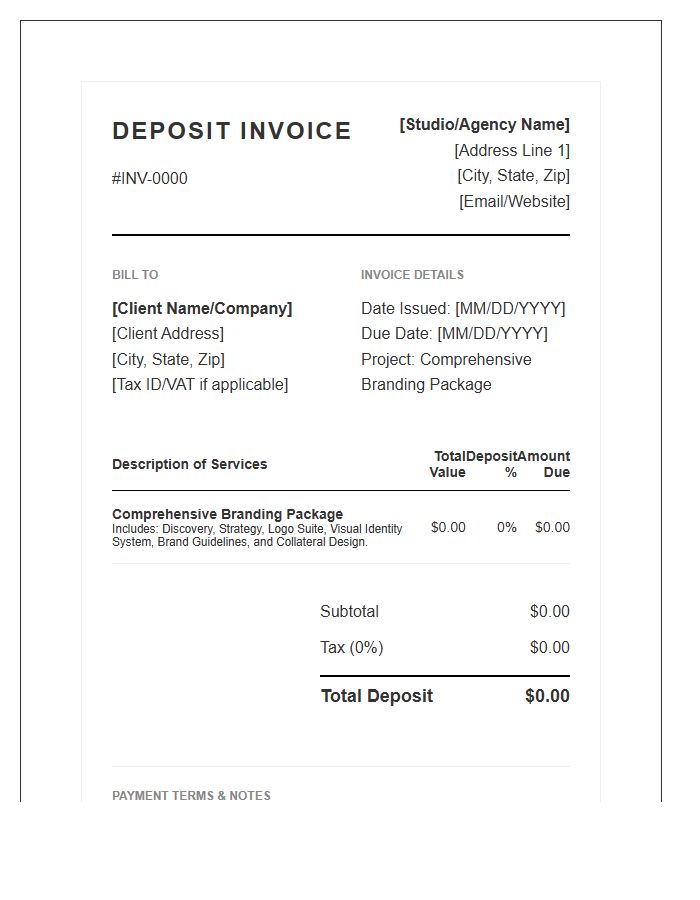 Comprehensive Branding Package Deposit Invoice Template