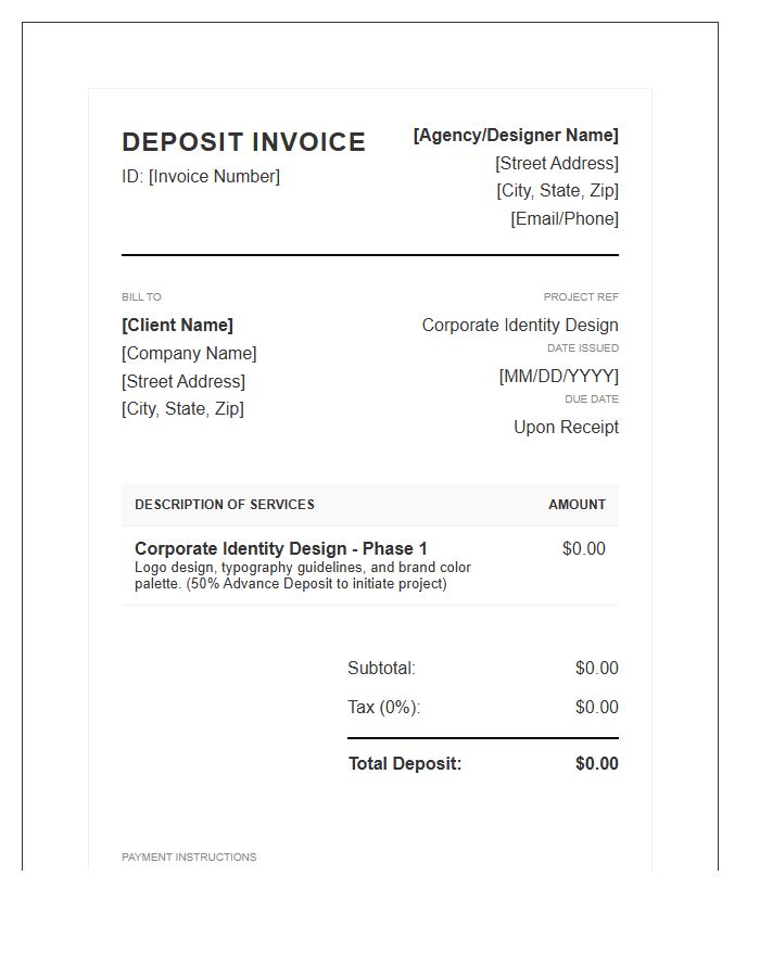 Corporate Identity Design Deposit Invoice Template
