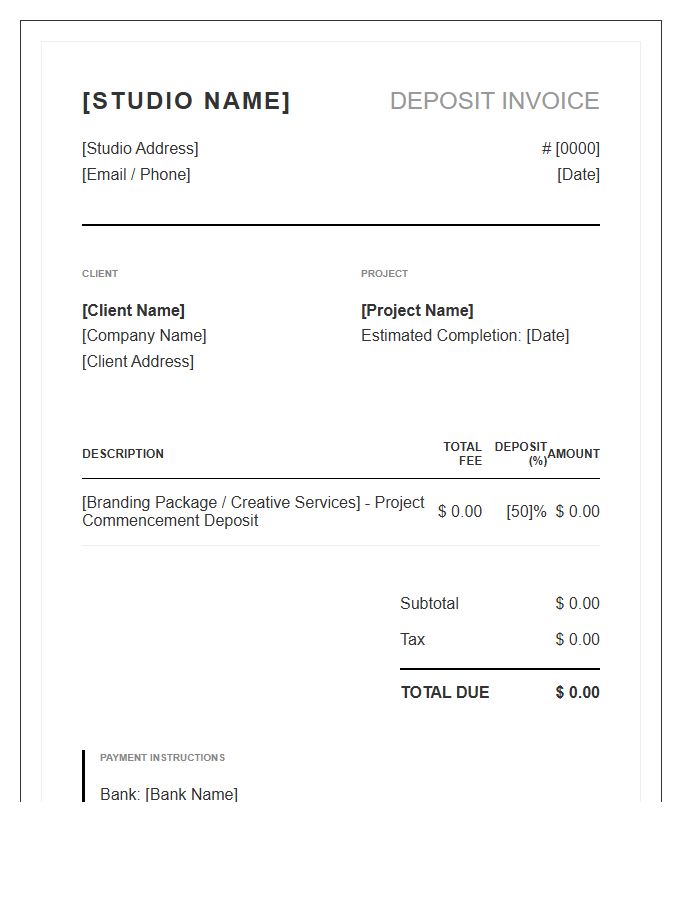 Creative Studio Branding Deposit Invoice Template