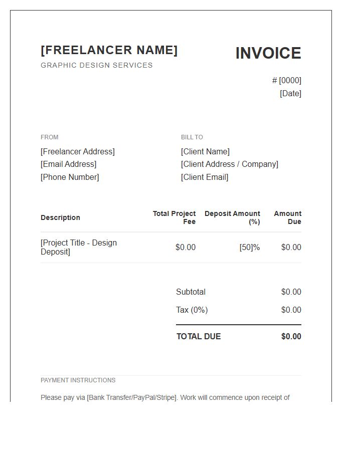 Freelance Graphic Design Deposit Invoice Template