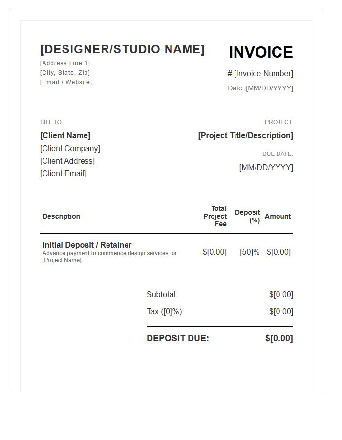 Professional Graphic Designer Deposit Invoice Template