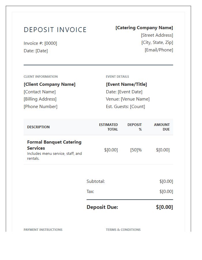 Corporate Formal Banquet Catering Deposit Invoice Template
