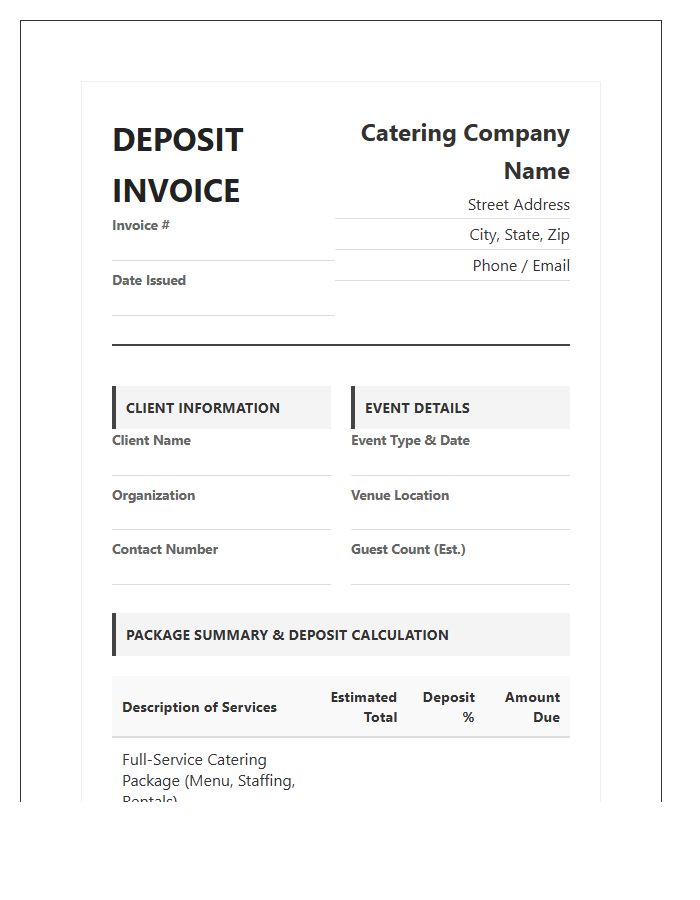 Detailed Formal Catering Deposit Invoice Template