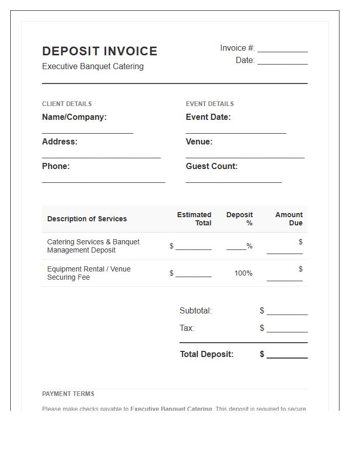 Executive Banquet Catering Deposit Invoice Template