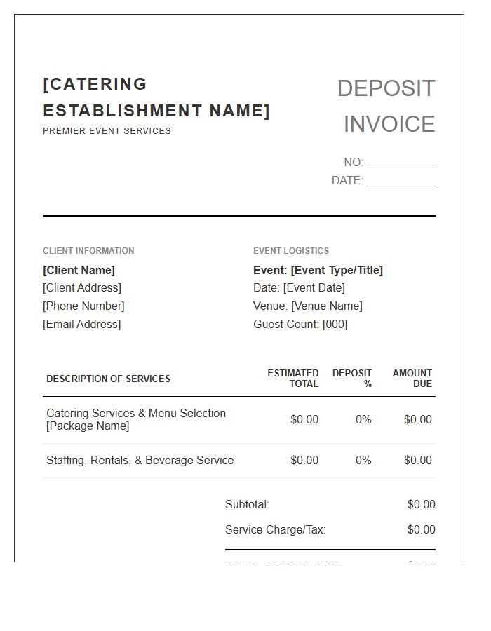 High End Banquet Catering Deposit Invoice Template