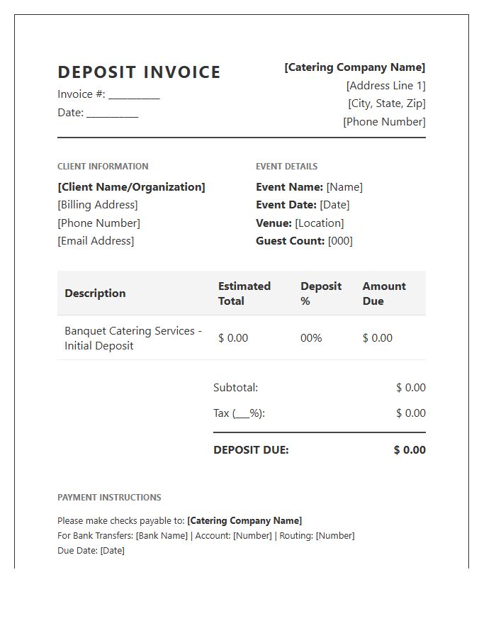Official Catering Deposit Invoice Template For Banquets