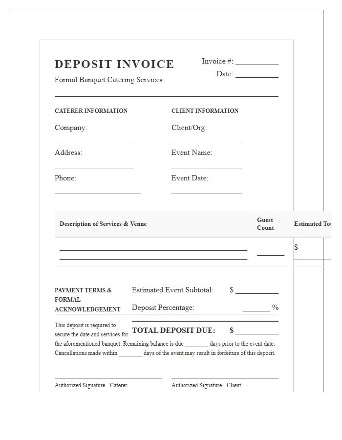 Specialized Formal Banquet Catering Deposit Invoice Template