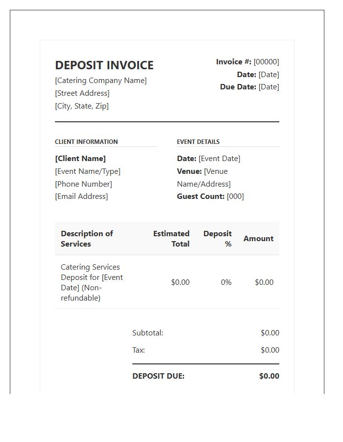 Standard Formal Catering Deposit Invoice Template