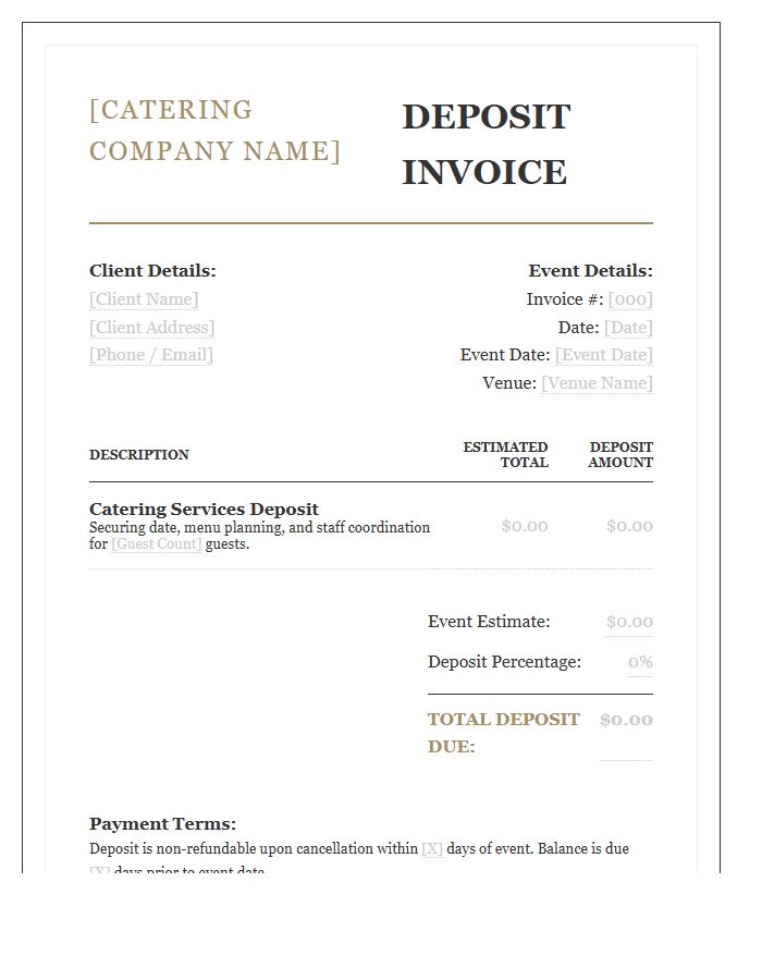 Upscale Event Catering Deposit Invoice Template