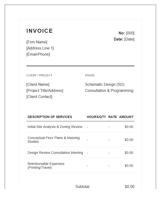 Architectural Schematic Design Consultation Invoice Template