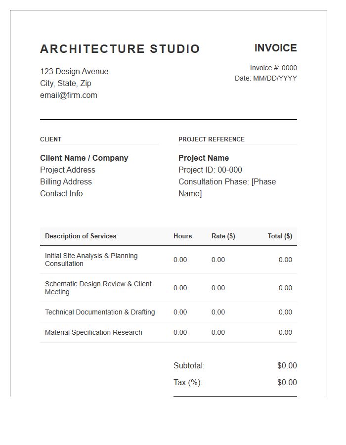 Hourly Rate Architectural Consultation Invoice Template