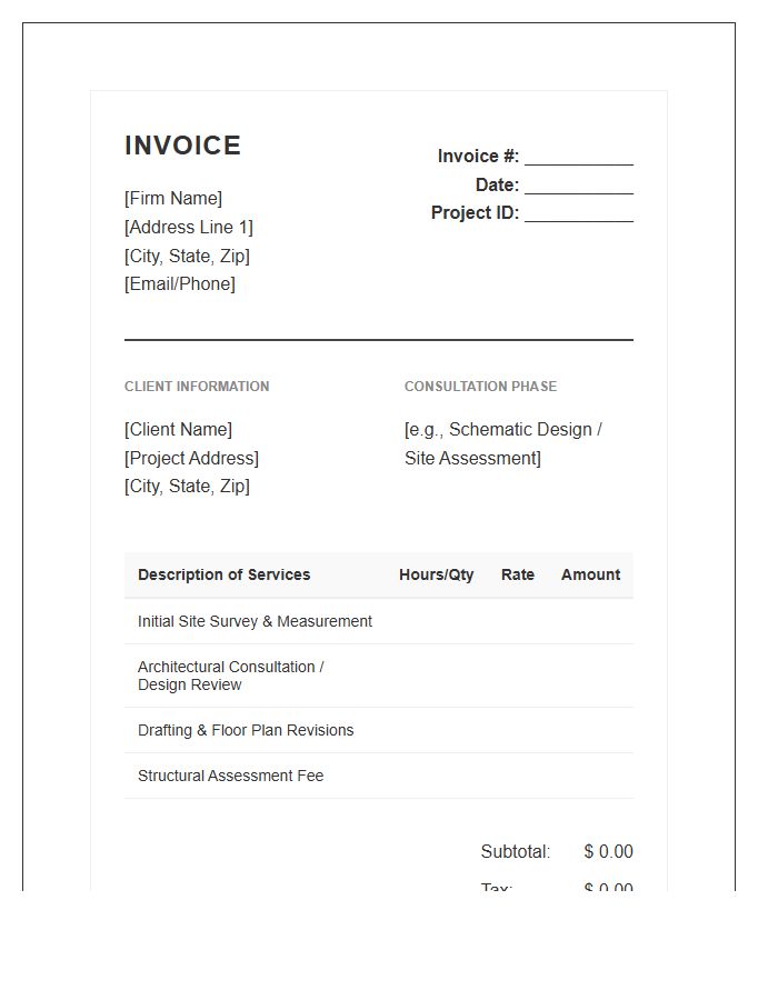 Renovation Architectural Consultation Billing Invoice Template