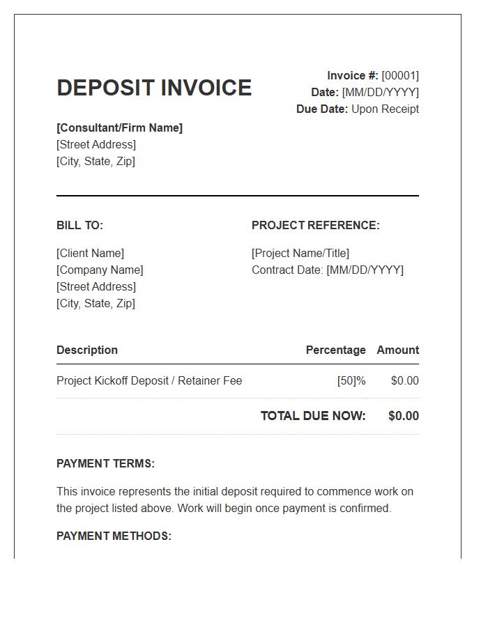 Project Kickoff Deposit Invoice Template For Consultants