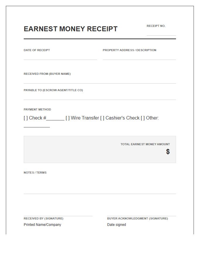 Buyer Earnest Money Receipt Invoice Template