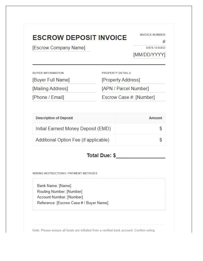 Escrow Deposit Invoice Template For Real Estate Buyers