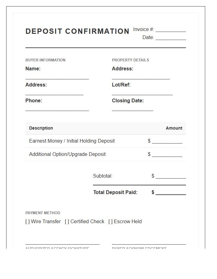 Home Buyer Deposit Confirmation Invoice Template