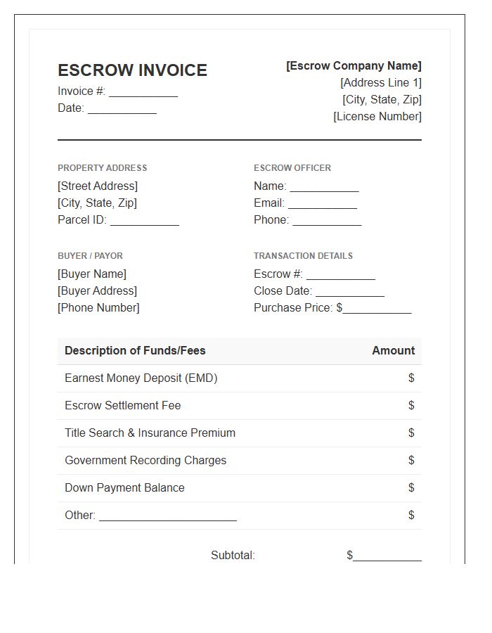 Home Buying Escrow Fund Invoice Template