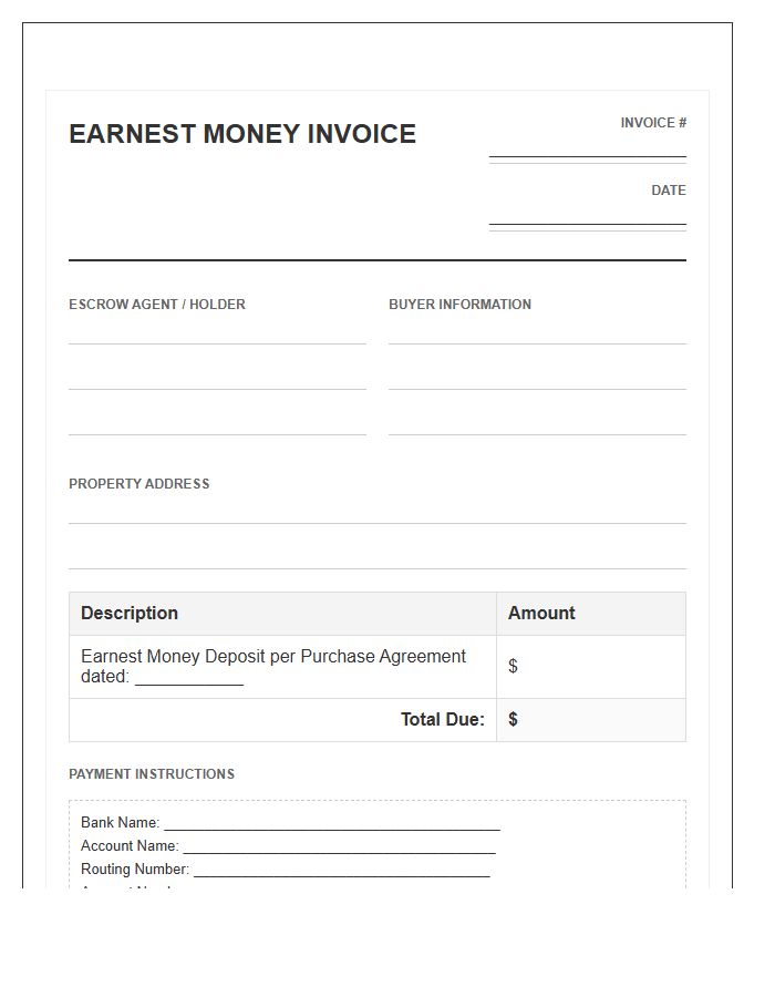 Home Purchase Agreement Earnest Money Invoice Template
