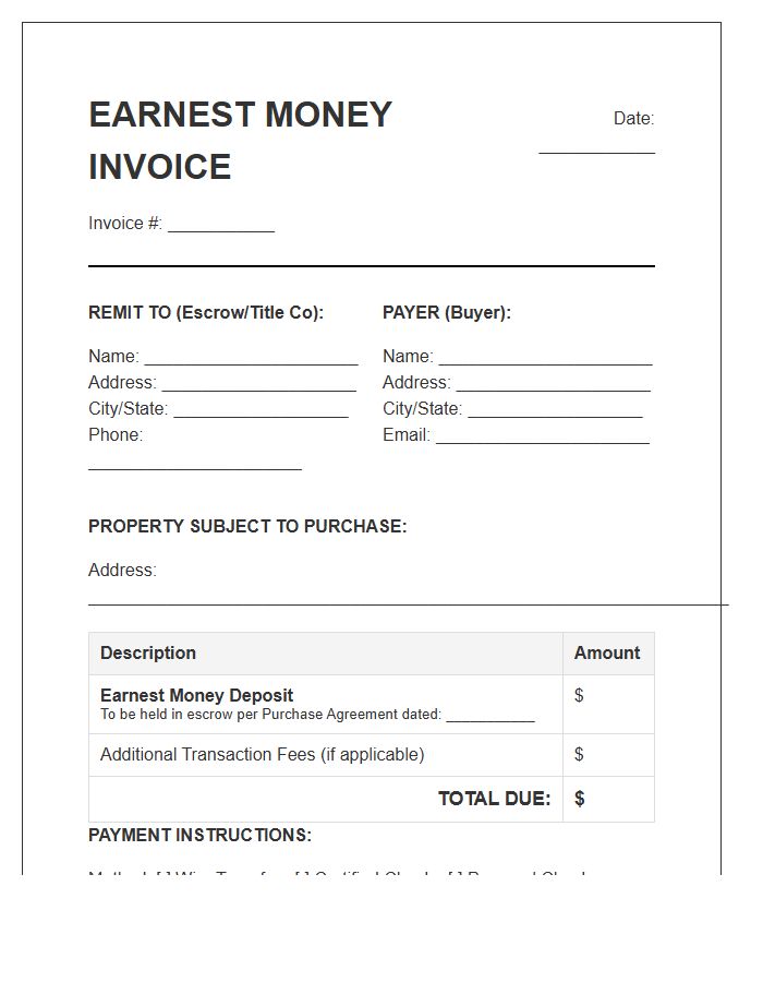 House Purchase Earnest Money Invoice Template