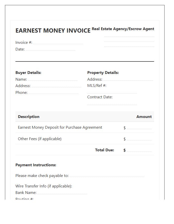 Property Buyer Earnest Money Invoice Template