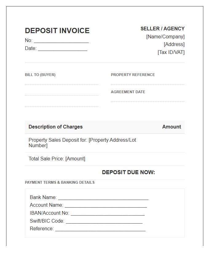 Property Sales Agreement Deposit Invoice Template