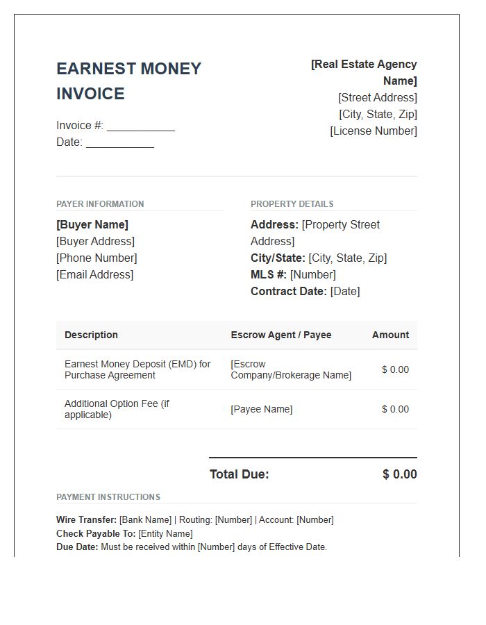 Real Estate Earnest Fund Invoice Template