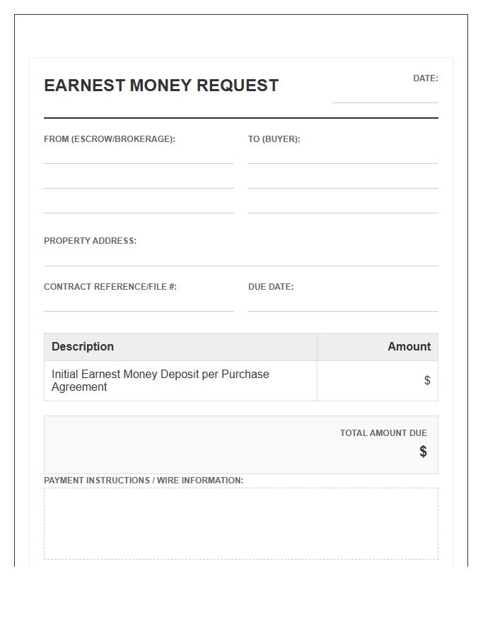 Real Estate Earnest Money Request Invoice Template