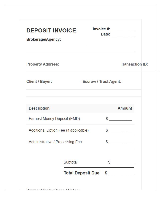 Real Estate Transaction Deposit Invoice Template