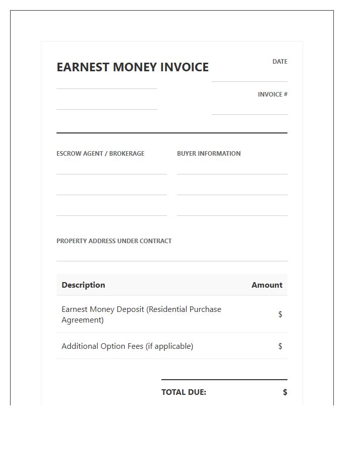 Residential Earnest Money Payment Invoice Template