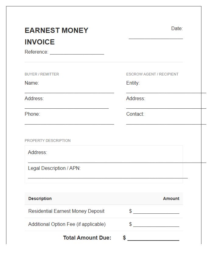 Residential Property Earnest Money Invoice Template