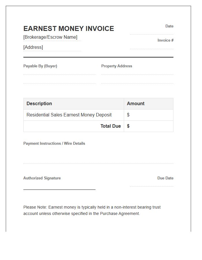 Residential Sales Earnest Money Invoice Template