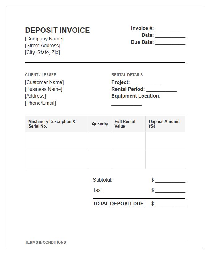 Commercial Machinery Rental Deposit Invoice Template