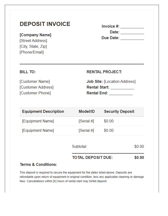Construction Equipment Rental Deposit Invoice Template