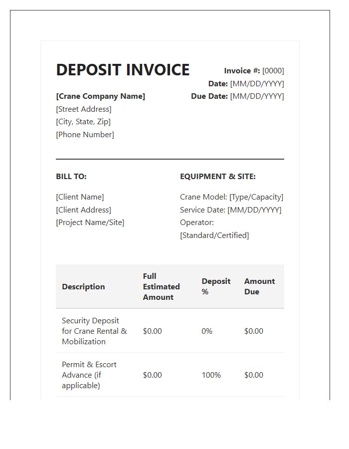 Crane Rental Deposit Invoice Template