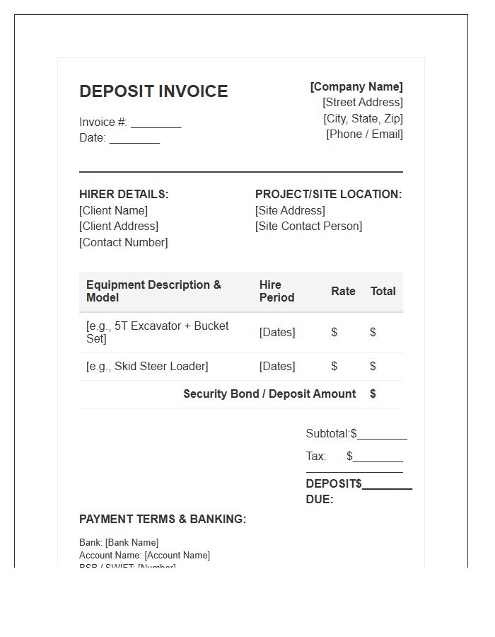 Earthmoving Equipment Hire Deposit Invoice Template