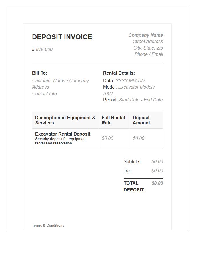 Excavator Rental Deposit Invoice Template
