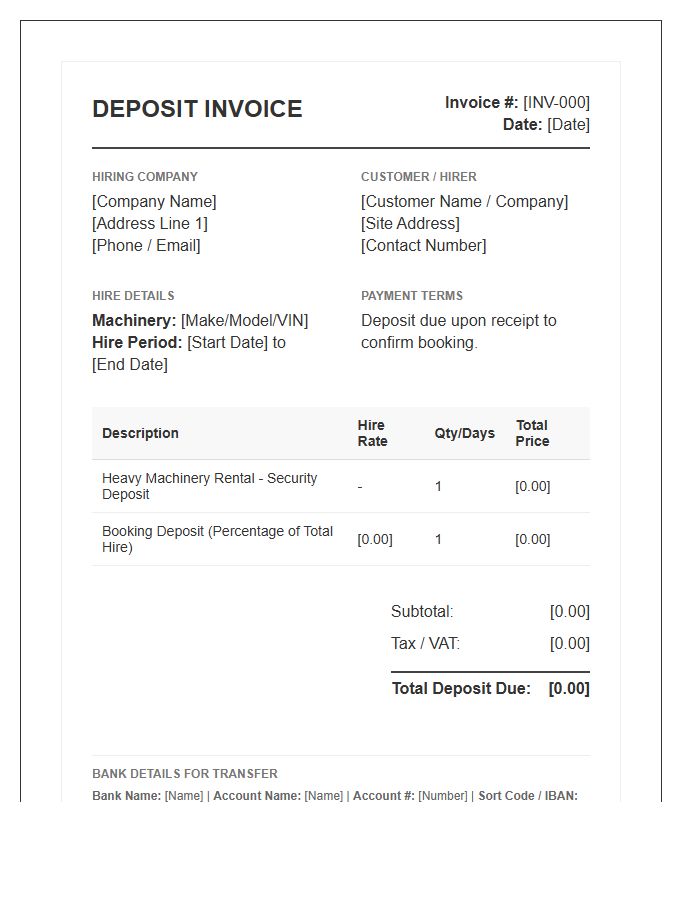 Heavy Machinery Hire Deposit Invoice Template
