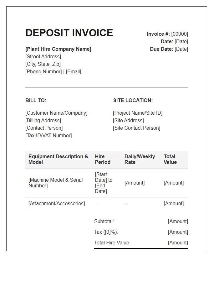 Heavy Plant Hire Deposit Invoice Template