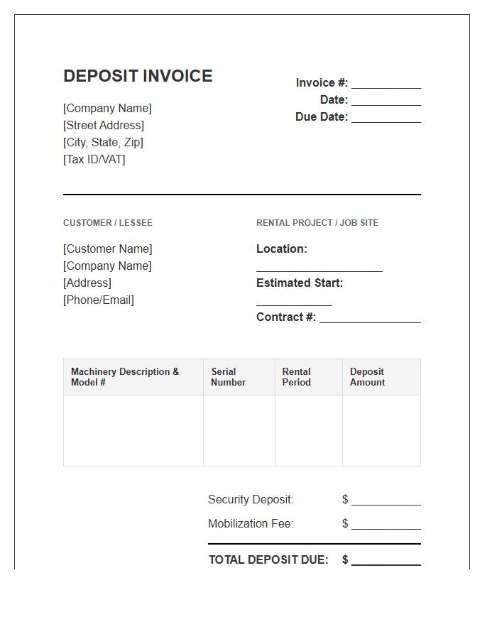Industrial Machinery Rental Deposit Invoice Template
