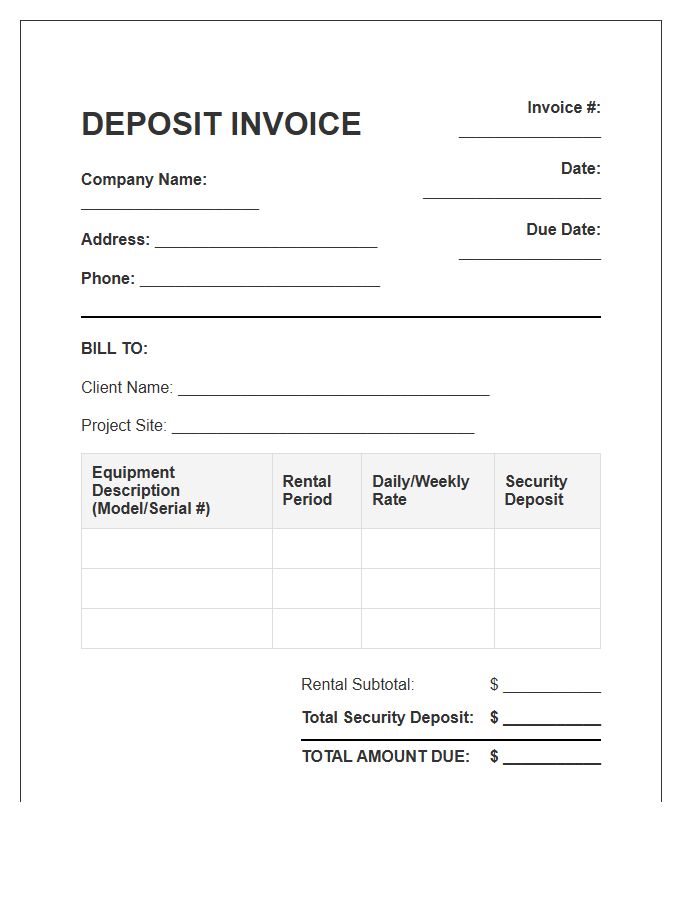 Mining Equipment Rental Deposit Invoice Template