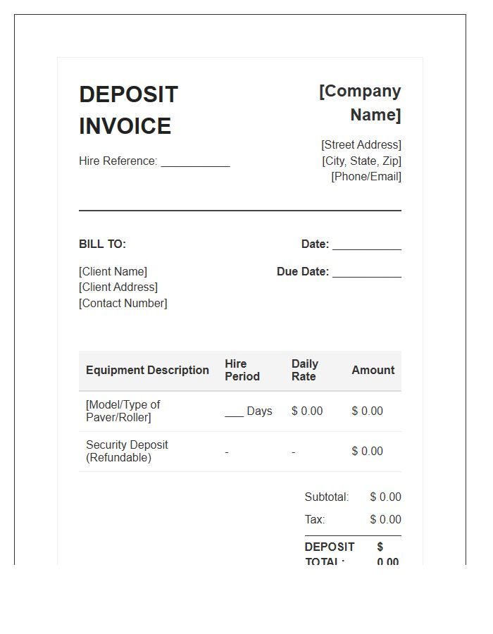 Paving Equipment Hire Deposit Invoice Template